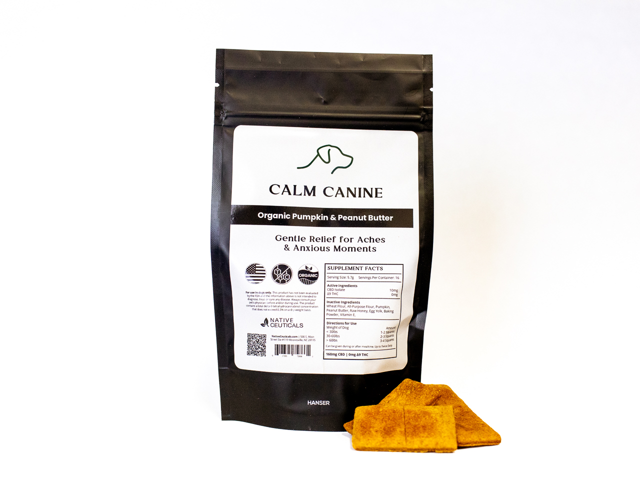 Calm Canine CBD dog treats with pumpkin and peanut butter